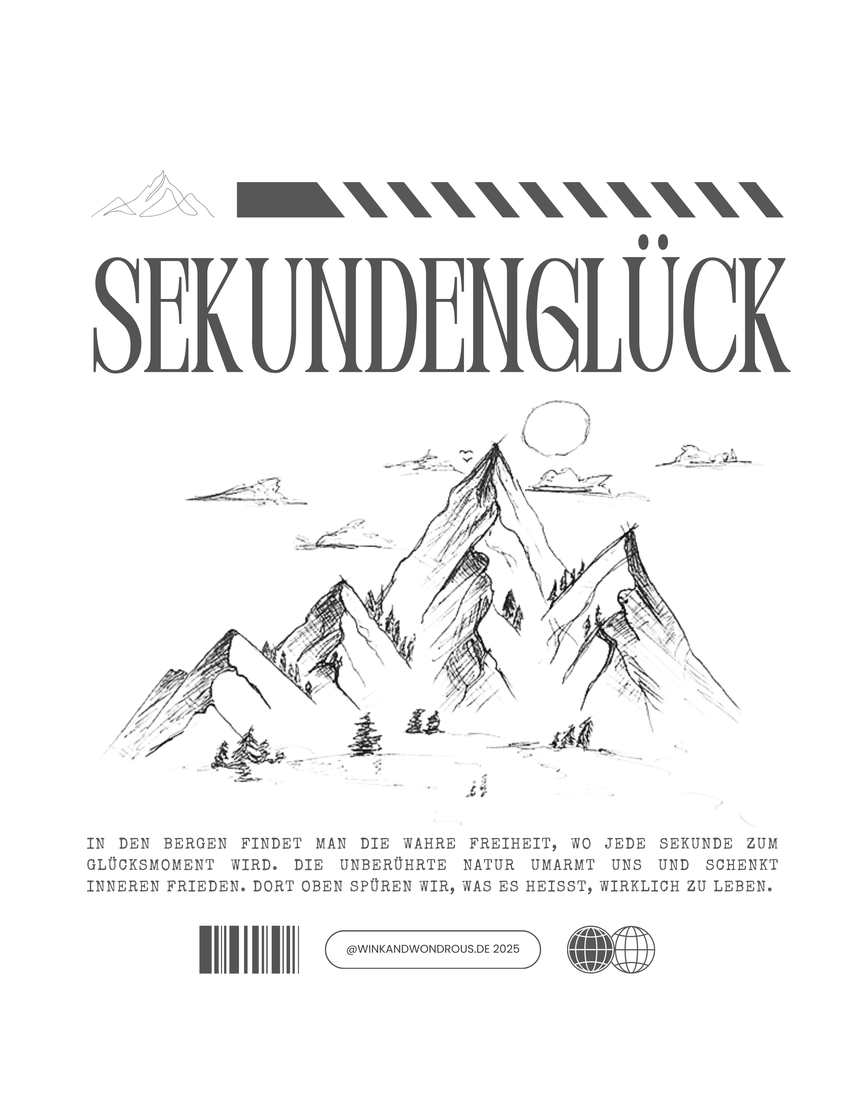Schwarz-weiße Illustration von Bergen mit dem Schriftzug „Sekundenglück“ – inspiriert von der Schönheit der Natur und dem Glück der kleinen Momente.