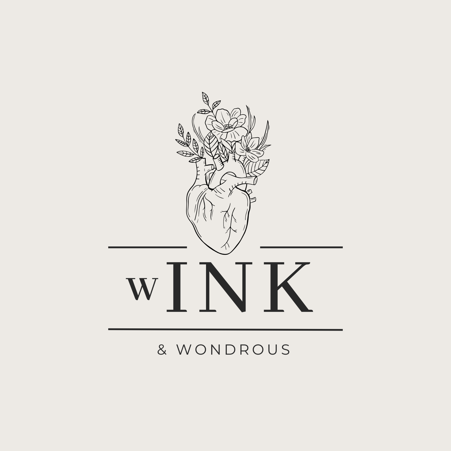 Minimalistisches Logo mit einem handgezeichneten Herz, aus dem Blumen wachsen, kombiniert mit der Wortmarke „wINK & Wondrous“. Steht für Kunst, Kreativität und Ausdruck - Artwear.